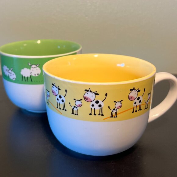 Set of 2 COW and SHEEP Oversized Wide-Mouth Ceramic Mugs / Bowls ~ Farm Animals - Picture 2 of 13